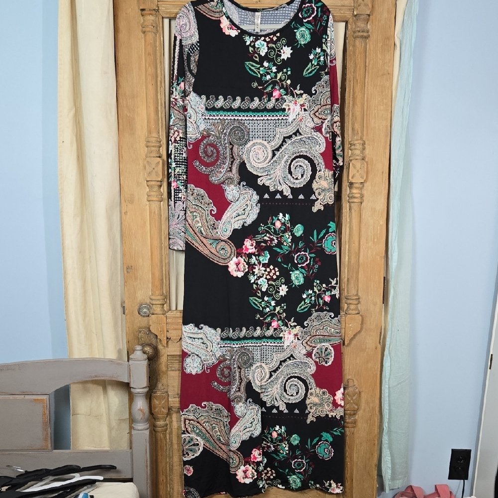 24Seven Comfort Apparel  Black Floral Long Sleeve Dress Size 2X